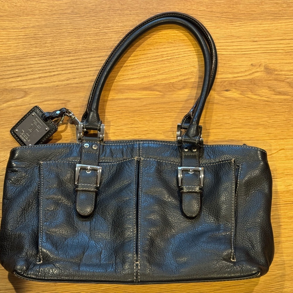 Tignanello Black Pebbled Leather Satchel Silver Hardware EUC